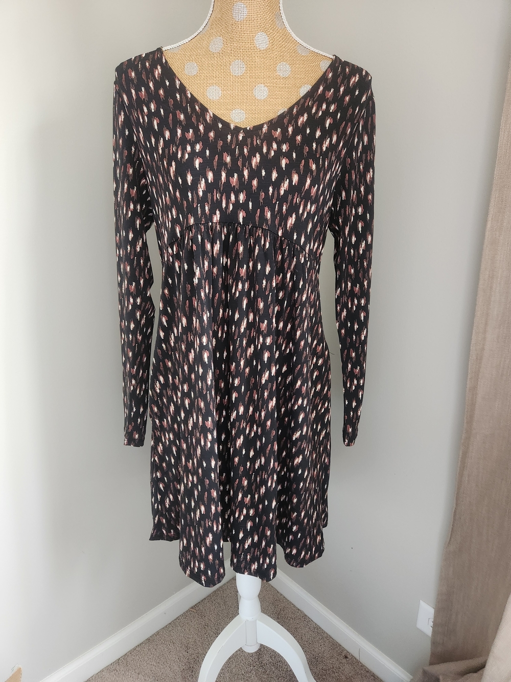 Long-Sleeve Black Dress with Pink Print